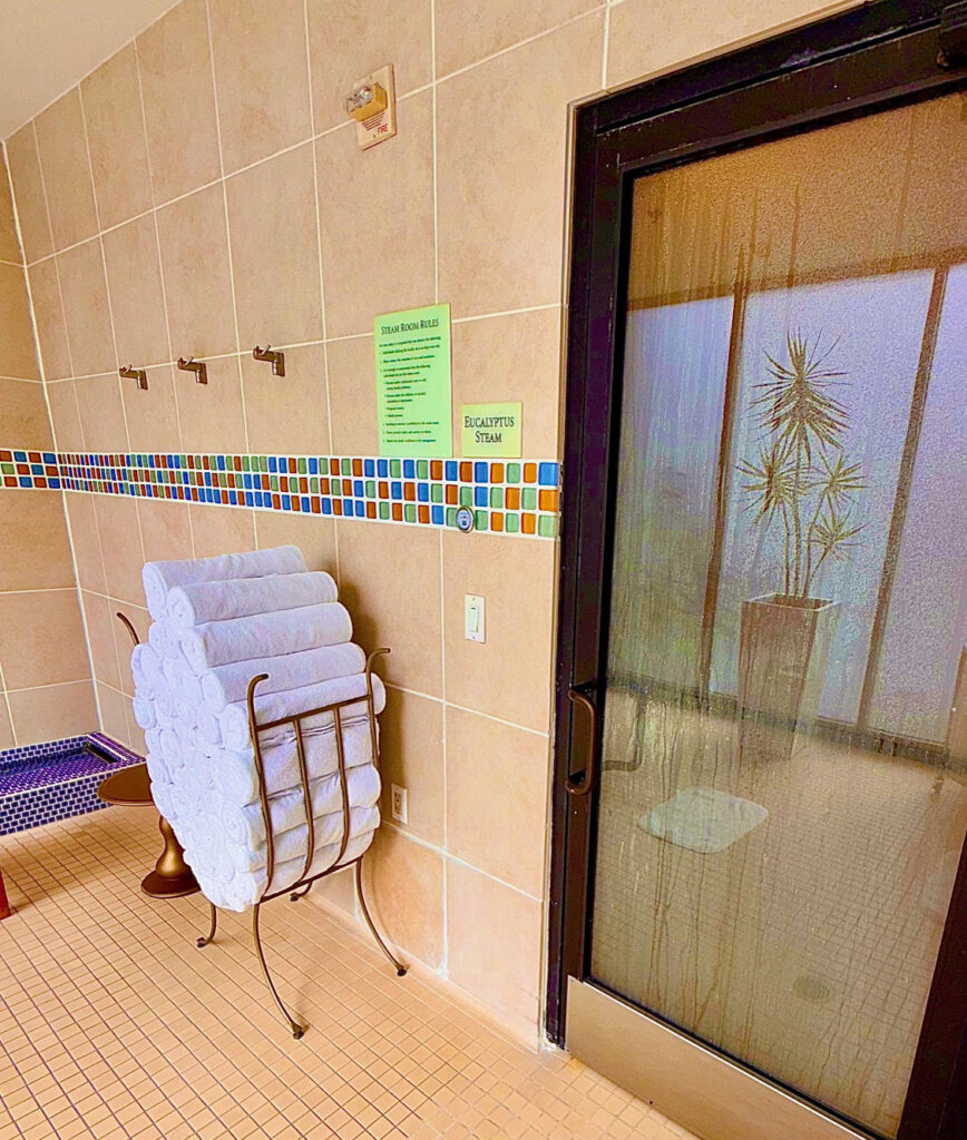 Entrance to Sauna with towels at Vea Newport Beach