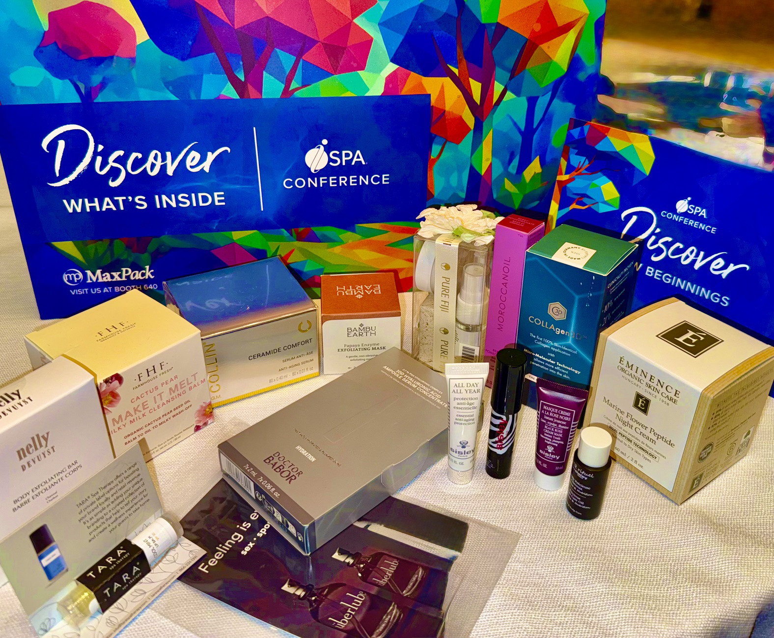 Content of ISPA 2026 Gift Bag featuring Emminence, Sisley, Collagen 3D, Babor, Nelly Devust and more
