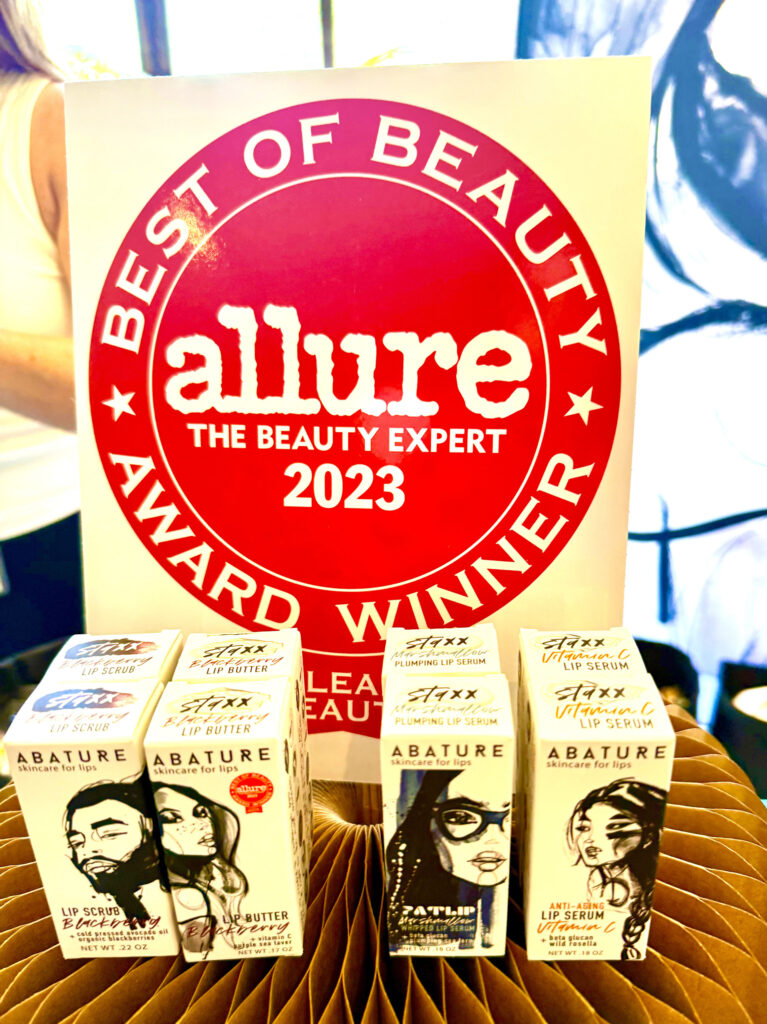 Eight packages of Abature Skincare for Lips with different illustrations with Best of Beauty Award Winner Allure 2023 sign