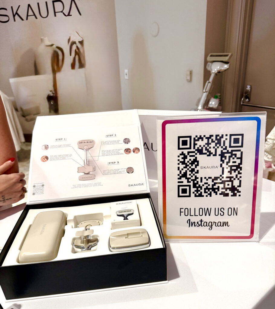 Skaura Shaving Kit next to a QR code to follow Skaura on Instagram
