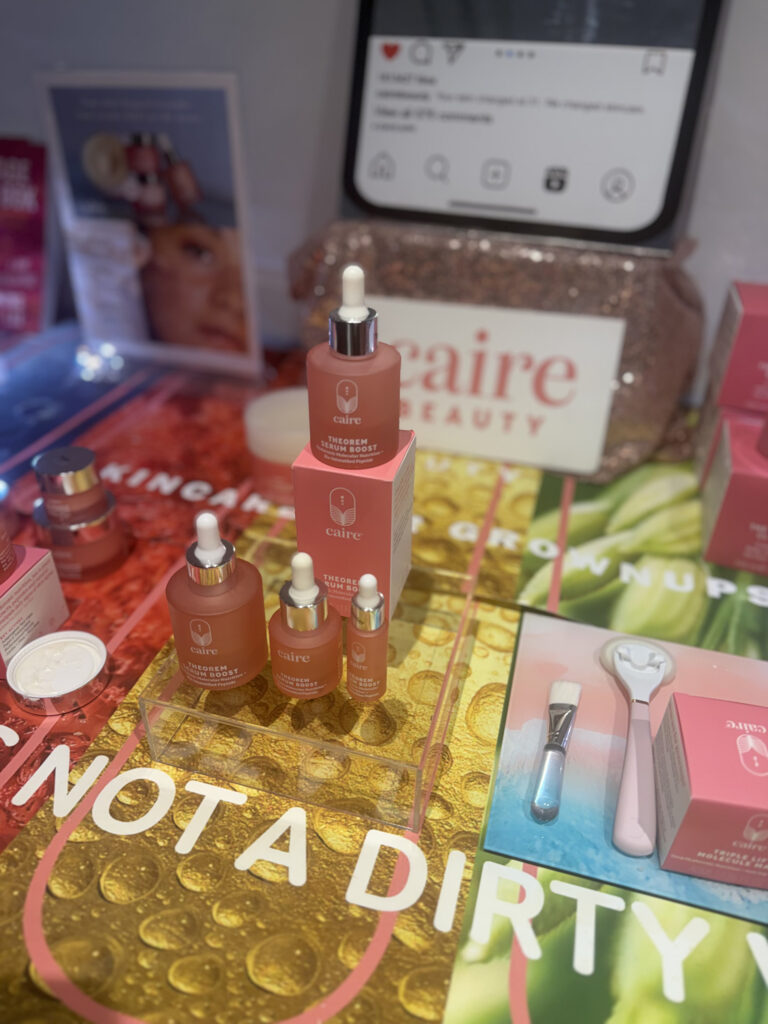 Various Caire Beauty product with Not a Dirty Word at this display at Live Love Spa