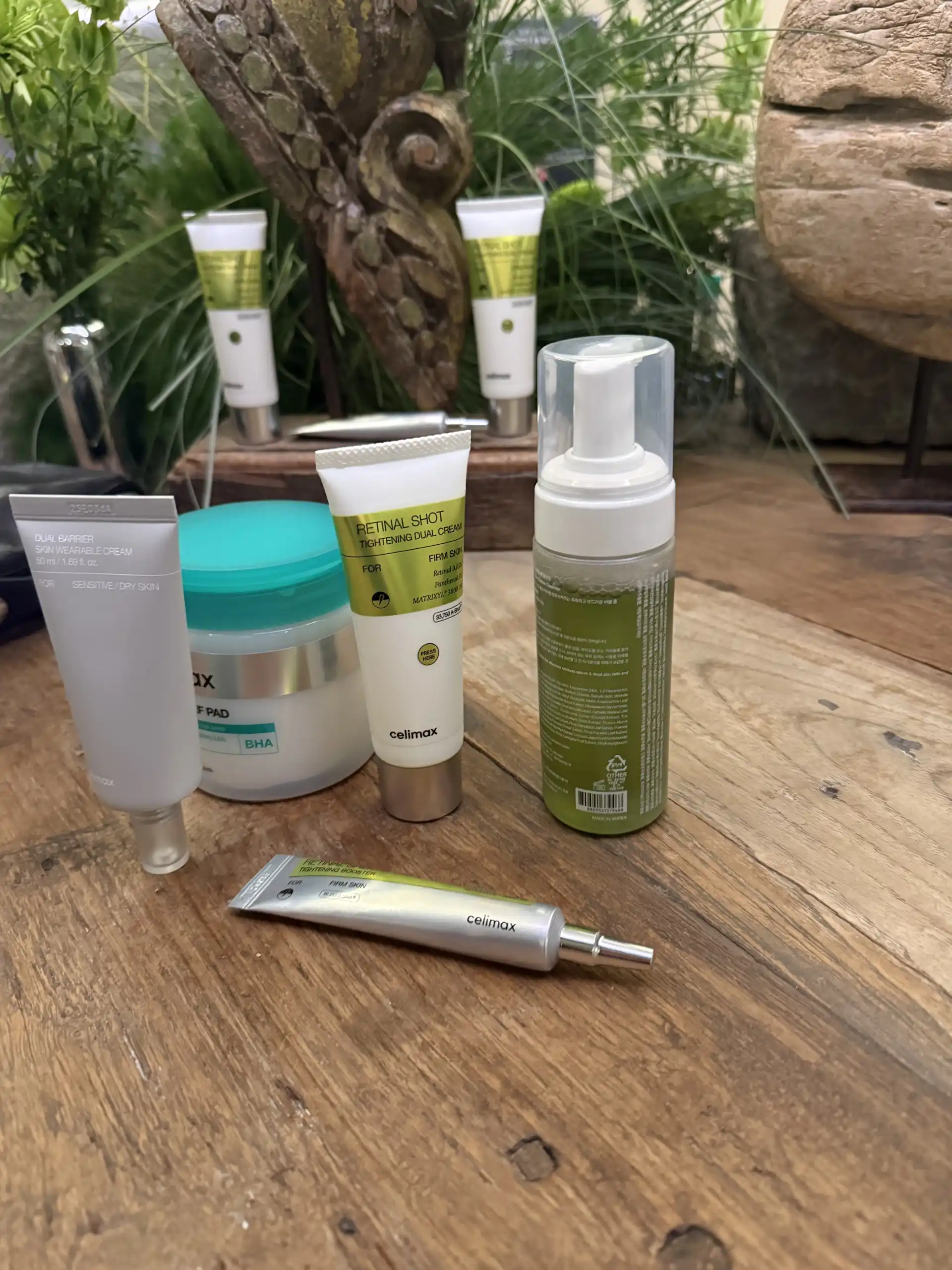 Display of Celimax products on a tree like coffee table
